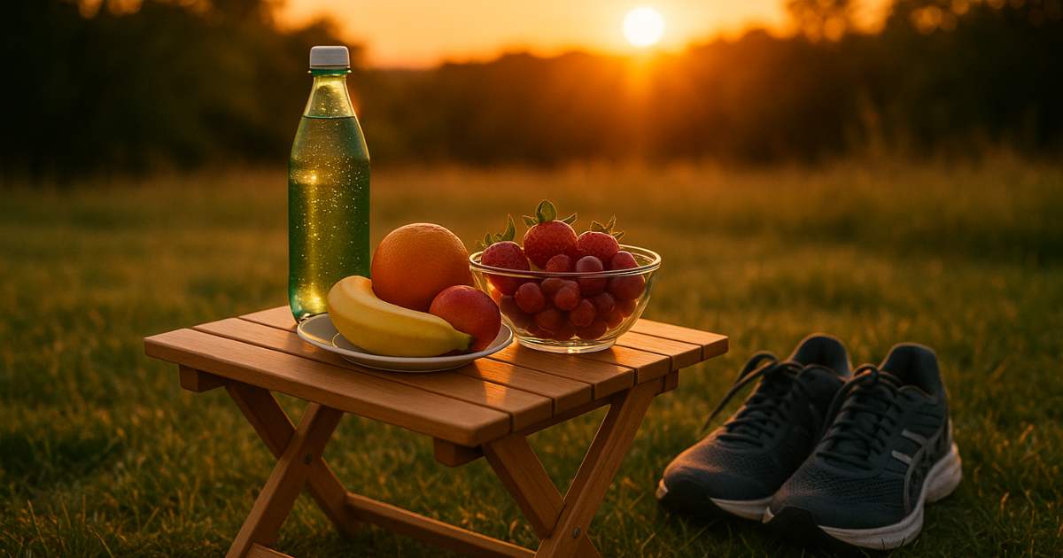 Outdoor weekend scene: a small picnic table with sparkling water, fresh fruit, and running shoes resting nearby. Sunset glow suggests quiet accomplishment.