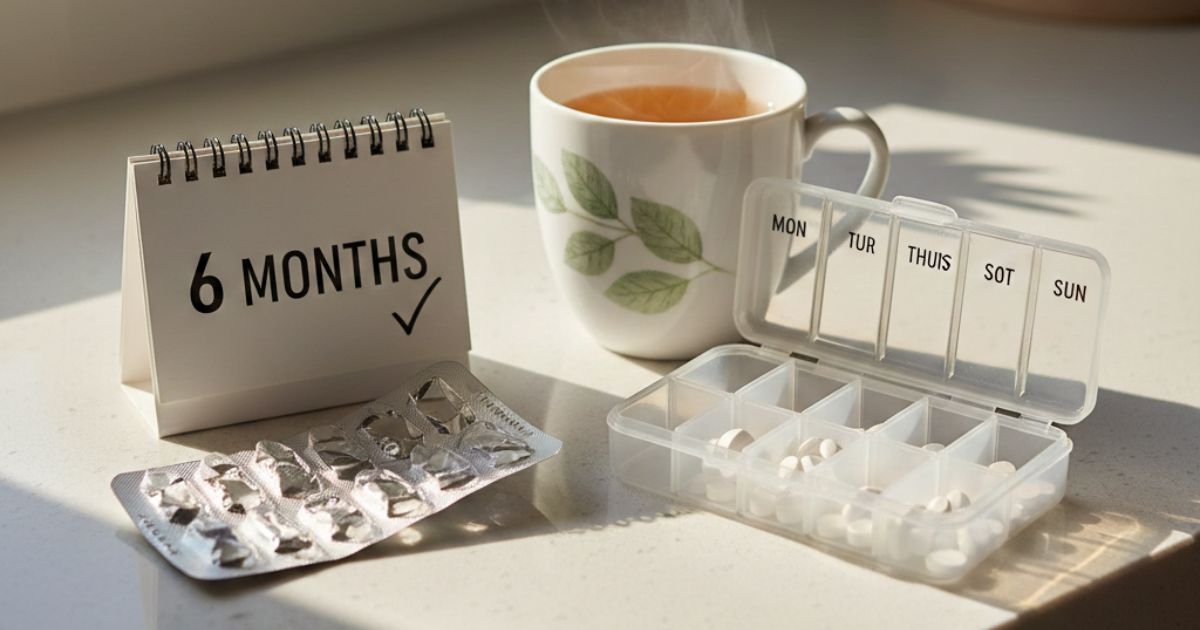 calendar page, a steaming mug of herbal tea, and a seven-day pill organizer