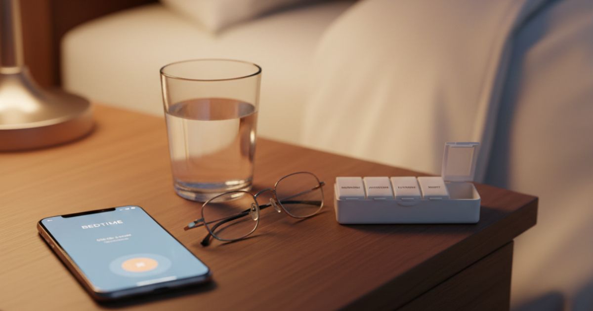 Warm bedside table: reading glasses, a glass of water