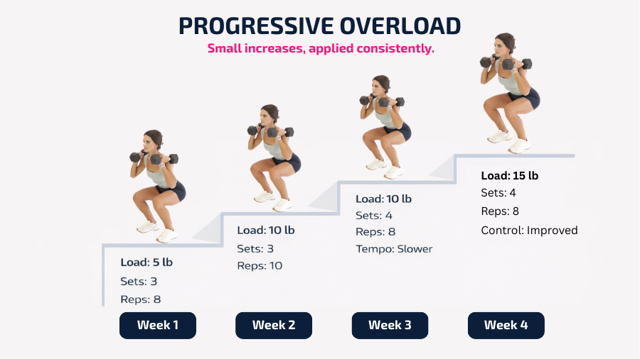 Infographic illustrating progressive overload using a staircase model, showing Tami Smith performing dumbbell squats with increasing load, sets, and reps over four weeks.