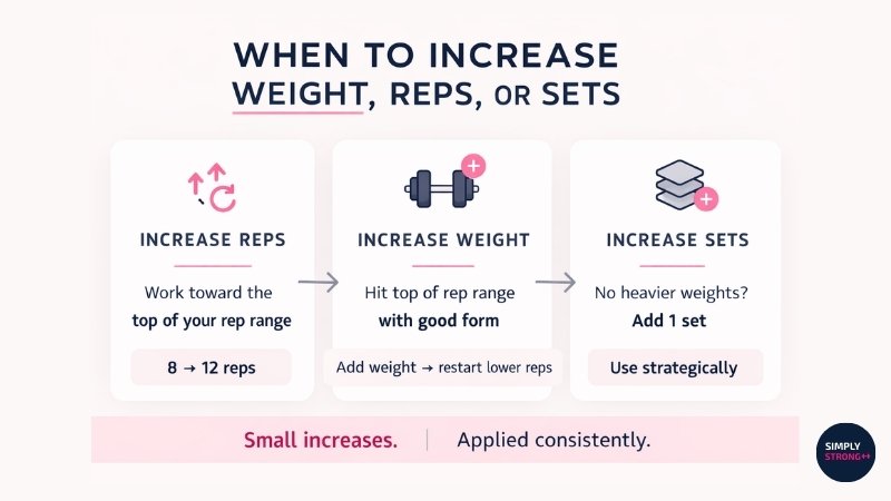 Simple infographic showing when to increase reps, weight, or sets based on workout performance and form.