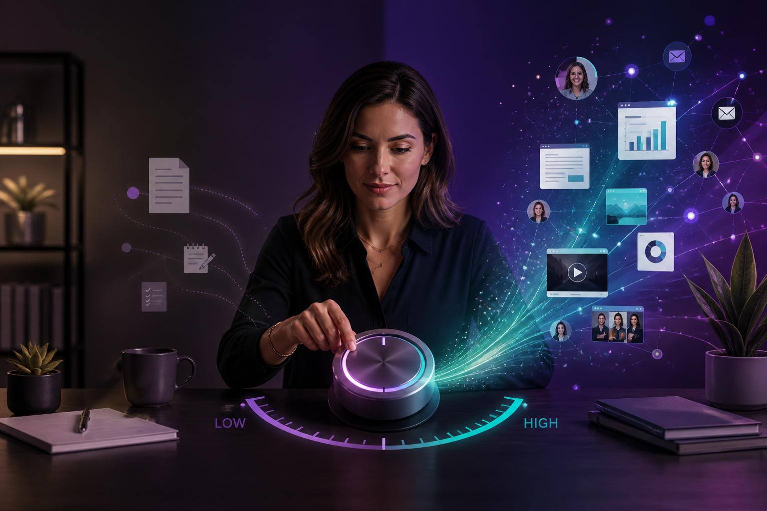 Woman turning the dial up on AI usage