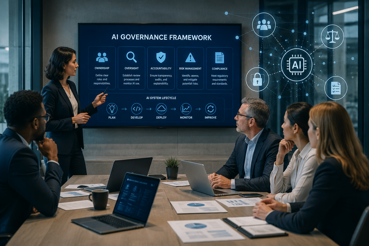 Group in boardroom reflecting on AI governance