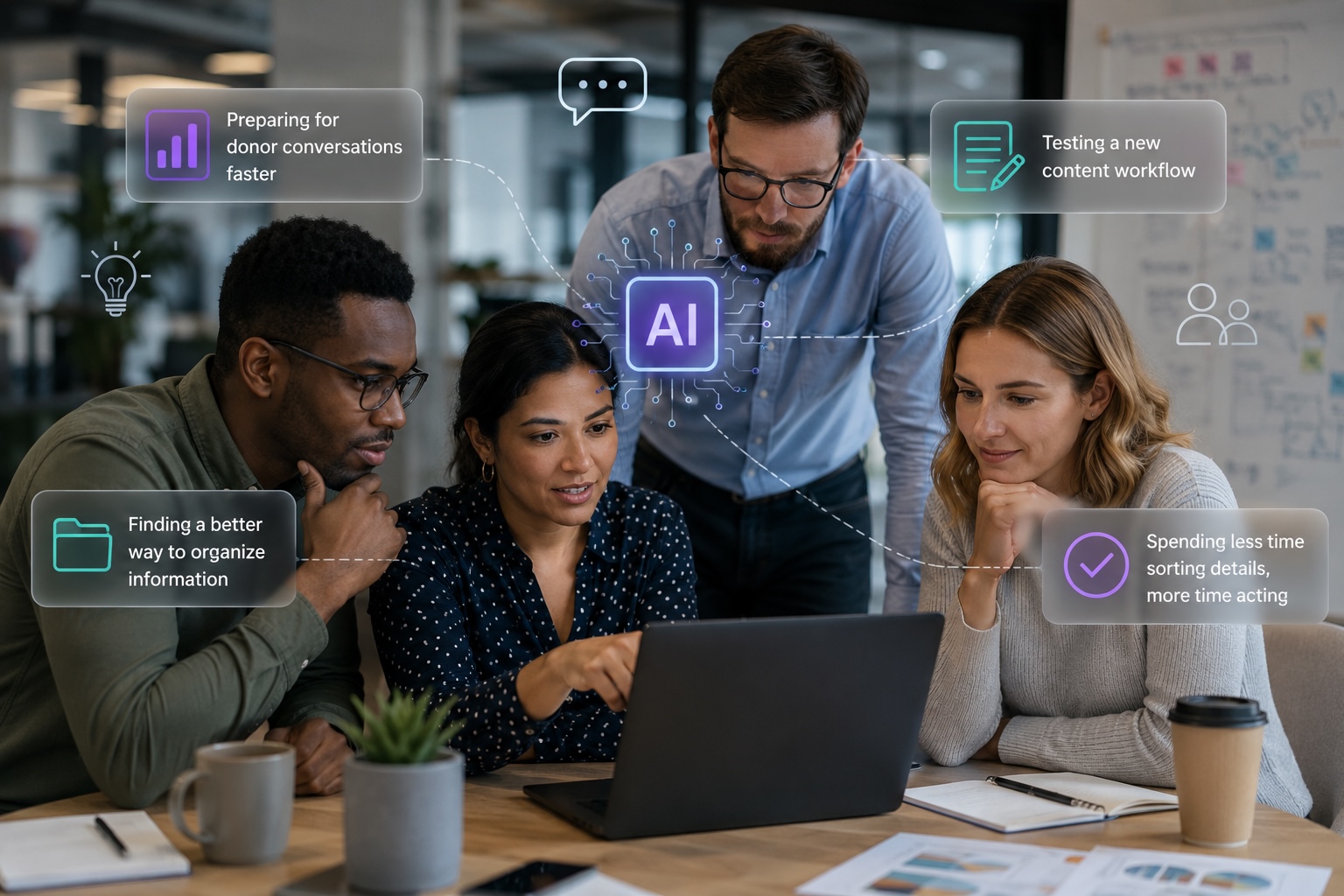 Coworkers gathered around a computer working on AI experimentation