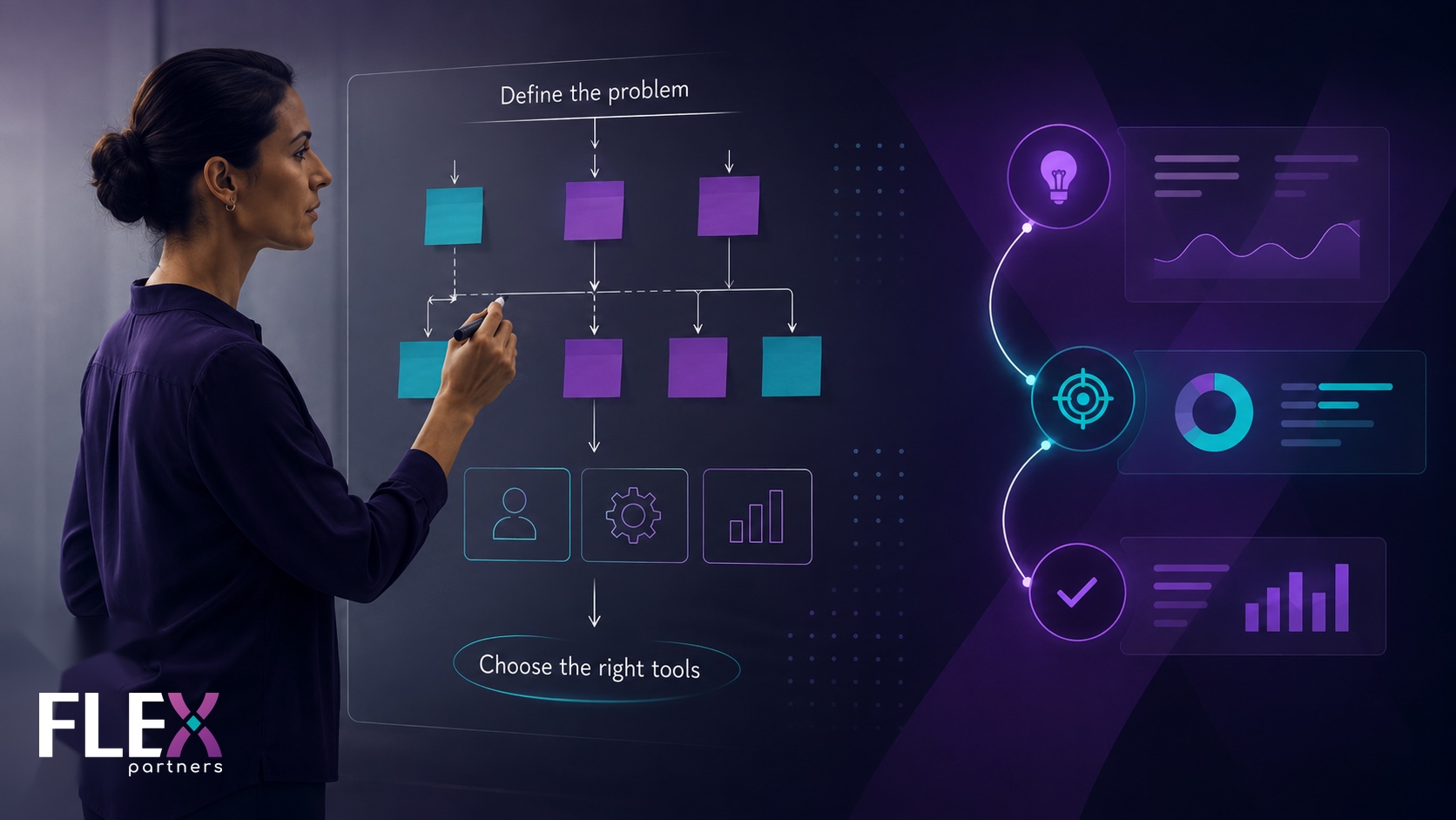Woman working through AI workflows on a big screen