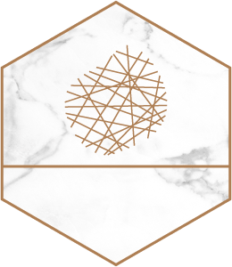 A circle with many straight lines going different directions & crossing over each other. This is contained inside of a hexagon