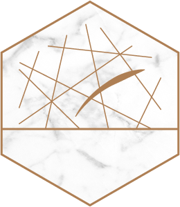 A few straight lines crossing over each other with one thicker curved line going across. This is enclosed in a hexagon