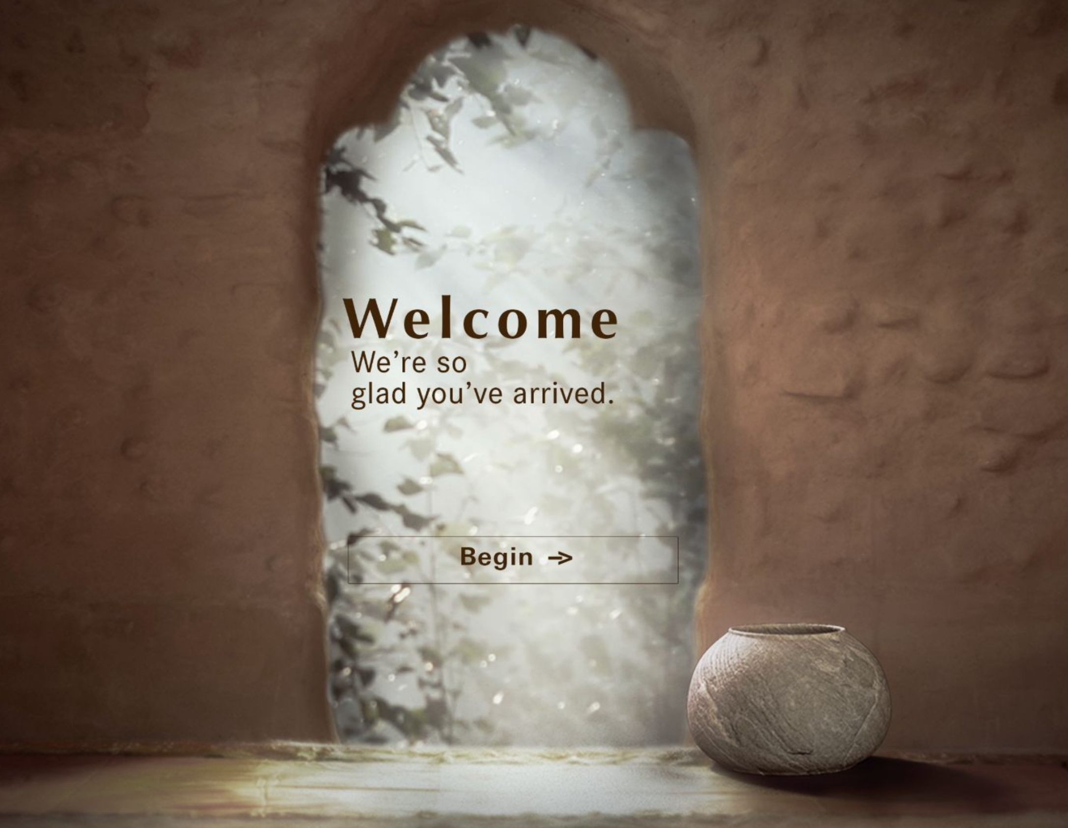 arched doorway landing page with misty botanicals shown on the other side