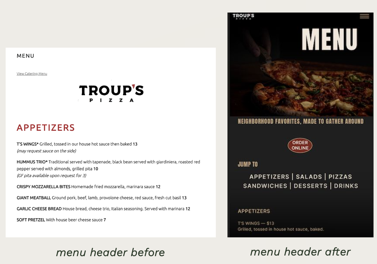 Side-by-side comparison of restaurant menu headers showing a plain white background menu on the left and a dark, image-background menu header on the right with a pizza photo and a prominent 'MENU' title.