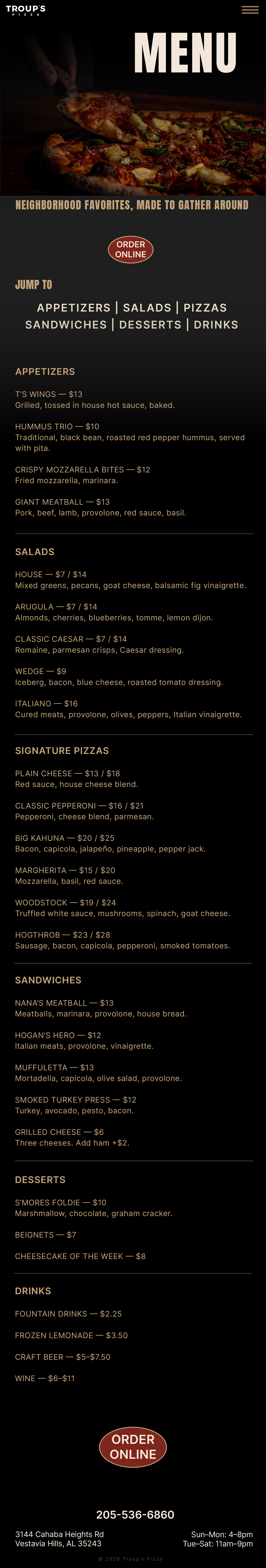 Troup's Pizza menu featuring appetizers, salads, signature pizzas, sandwiches, desserts, and drinks with prices, plus an image of a pizza slice being served.