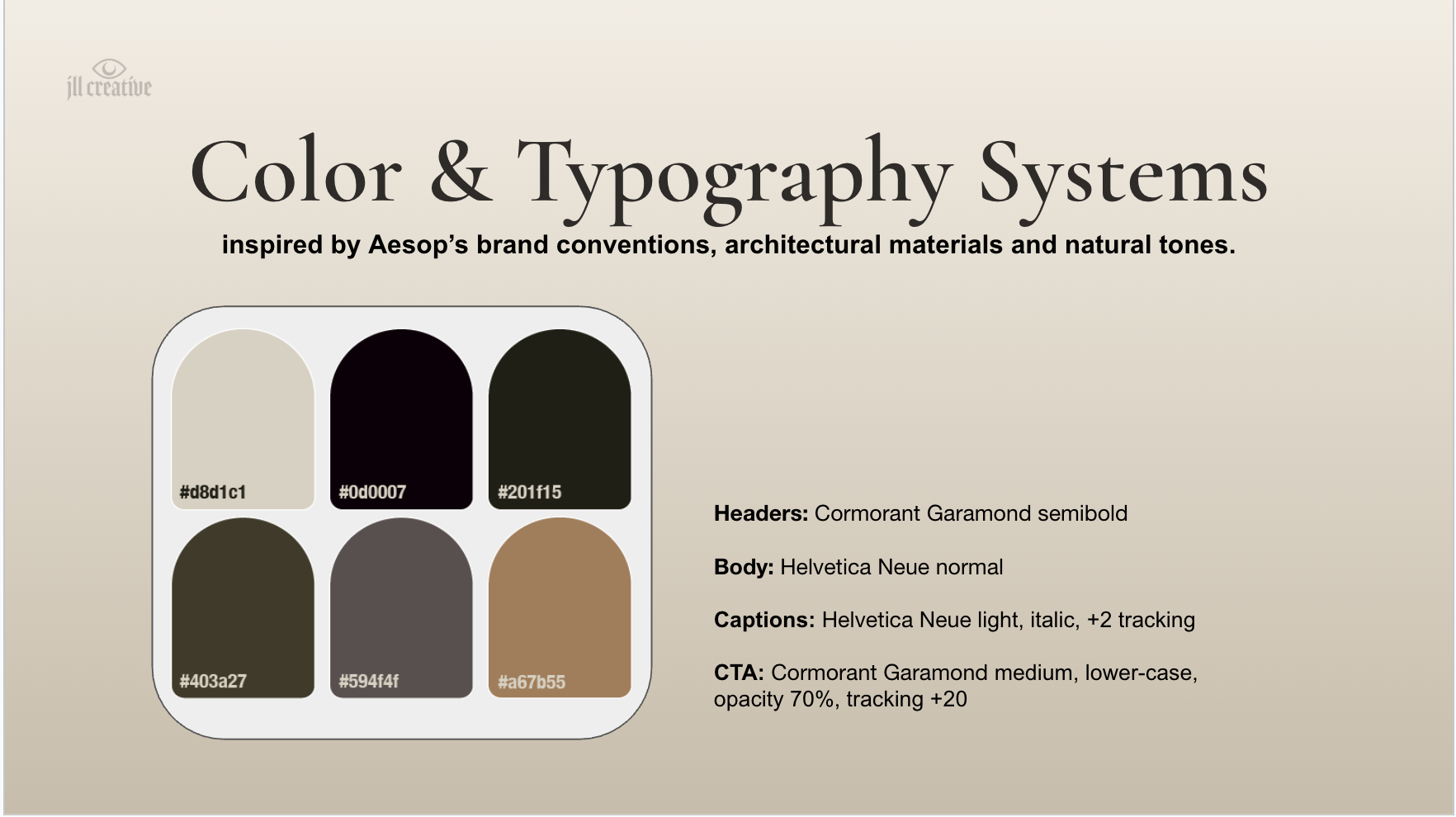 Color palette with six muted tones and accompanying typography guide specifying fonts for headers, body, captions, and call-to-action text.