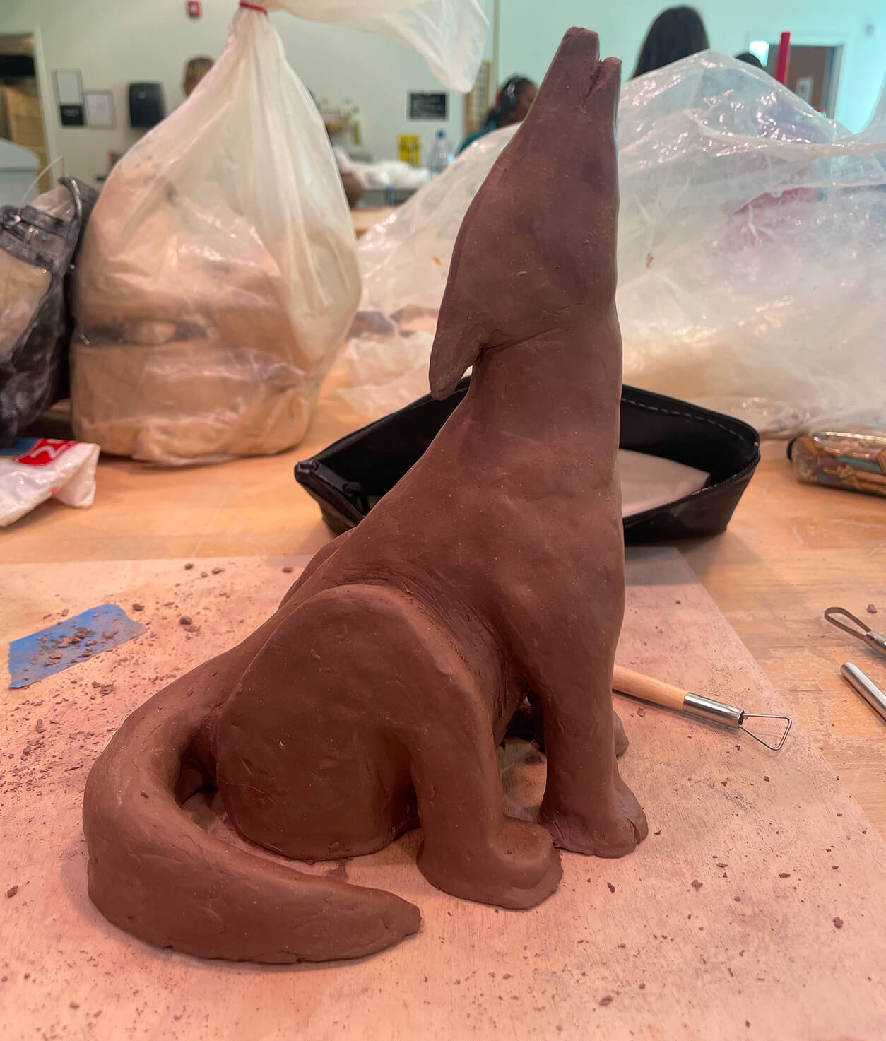 A wolf made of clay. 