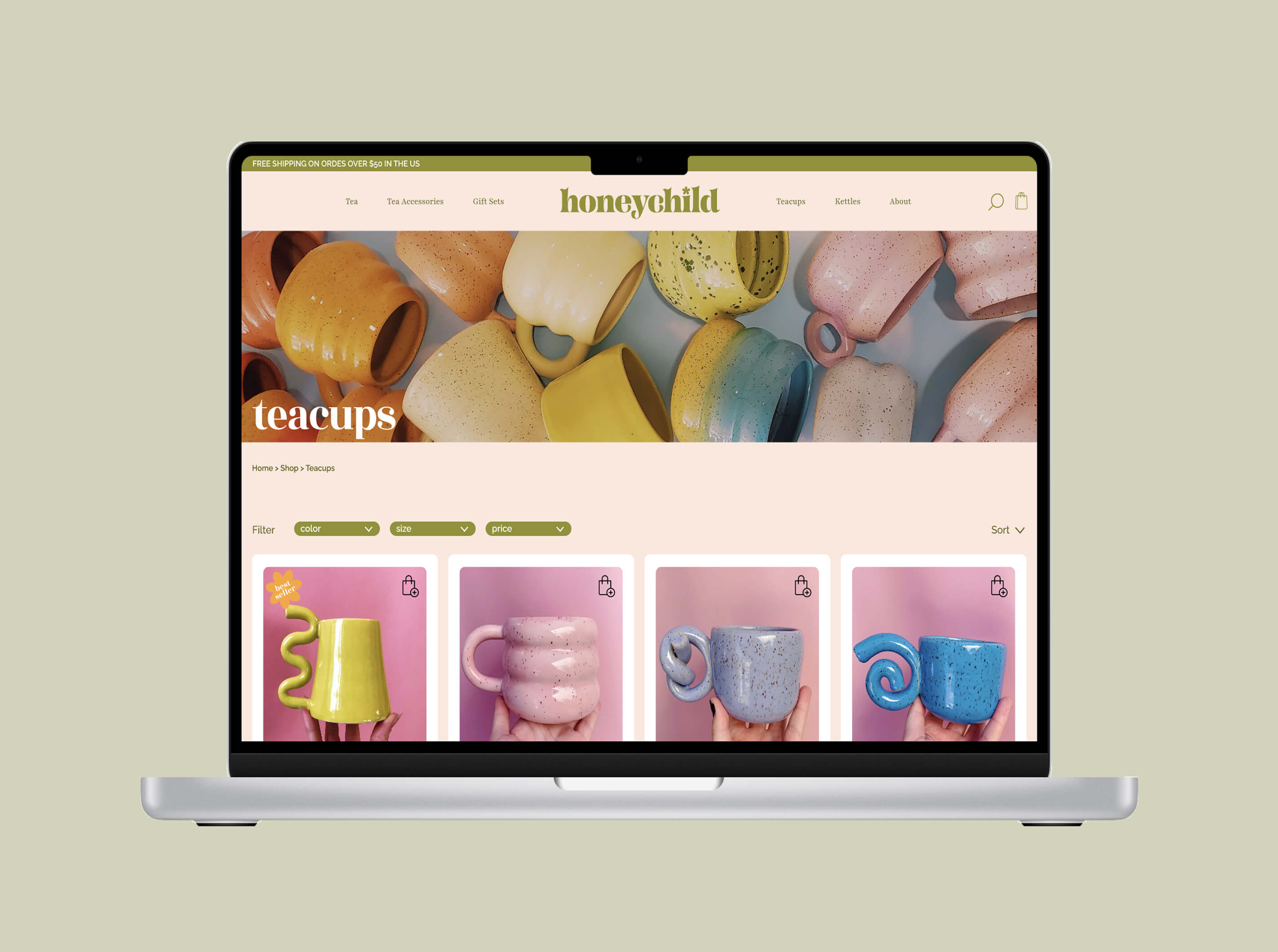 An ecommerce website called honeychild displaying the teacup page