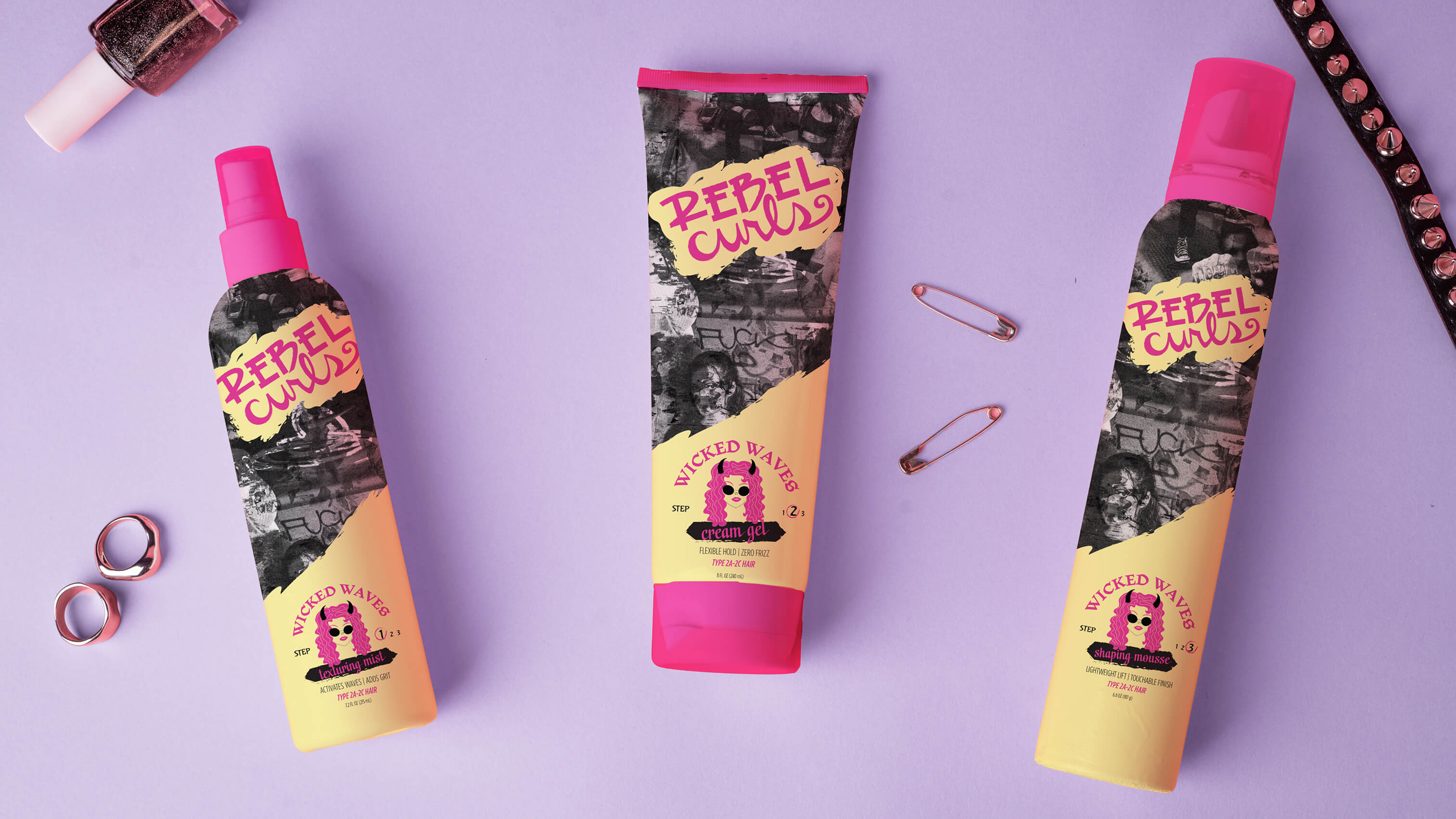 image of 3 haircare bottles showing rebel curls design