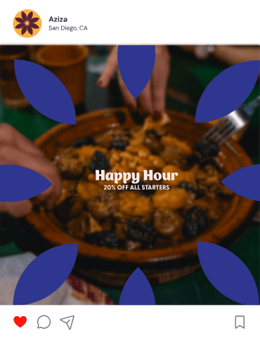 Aziza Social Post, Food with Happy Hour promo and animated graphics