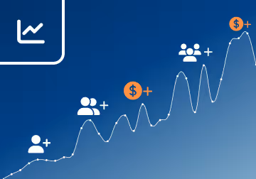 Graph illustrating increased conversion rates and sales growth, featuring people and money icons to represent the success of an online education business.