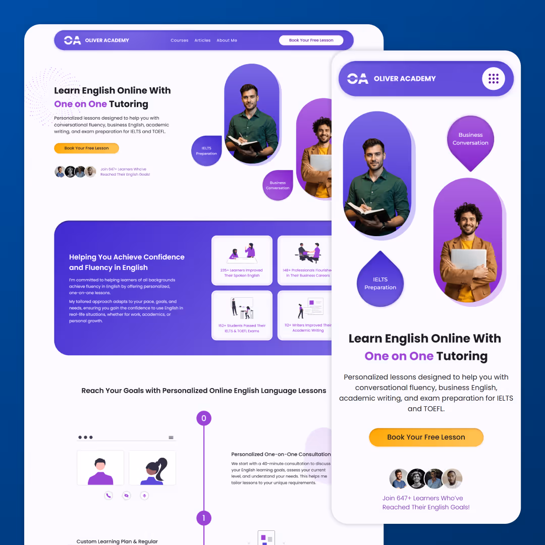 Website design for an online English language tutor, highlighting Mabit Web Studio's expertise in website design & development services.