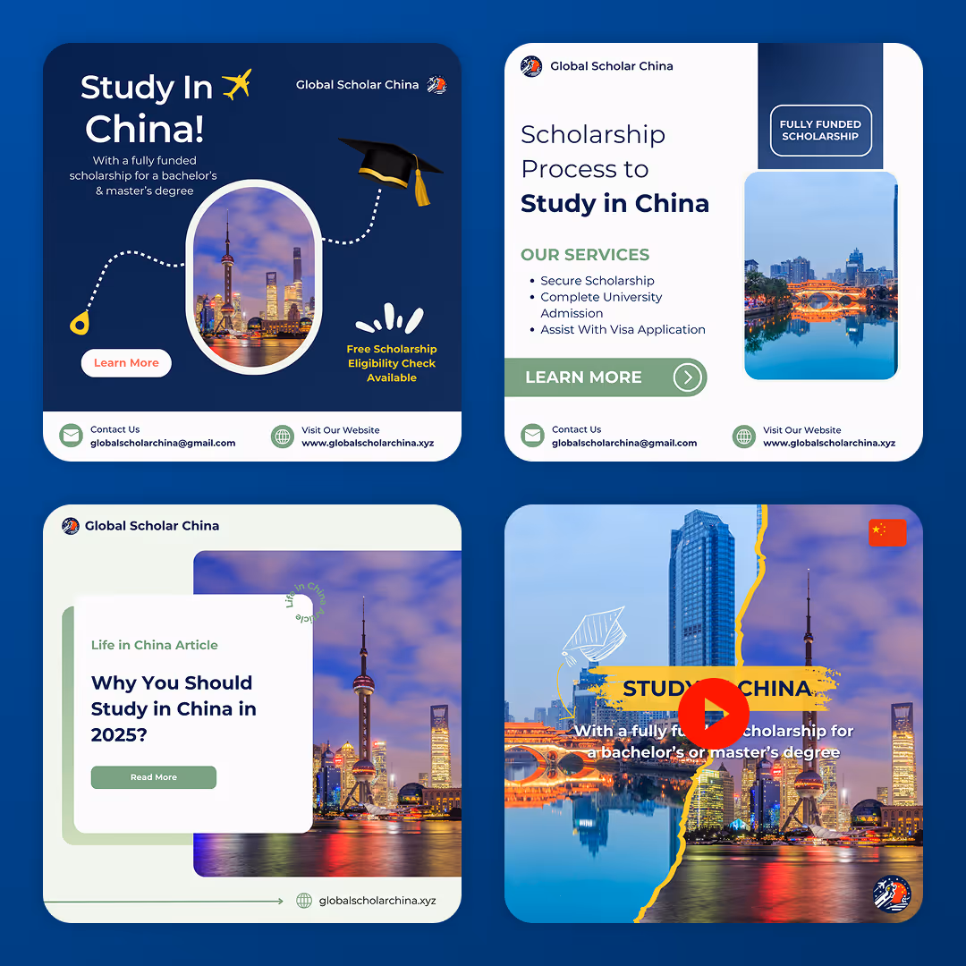 Four social media post designs for an online education business in a grid highlighting social media marketing services of Mabit Web Studio.