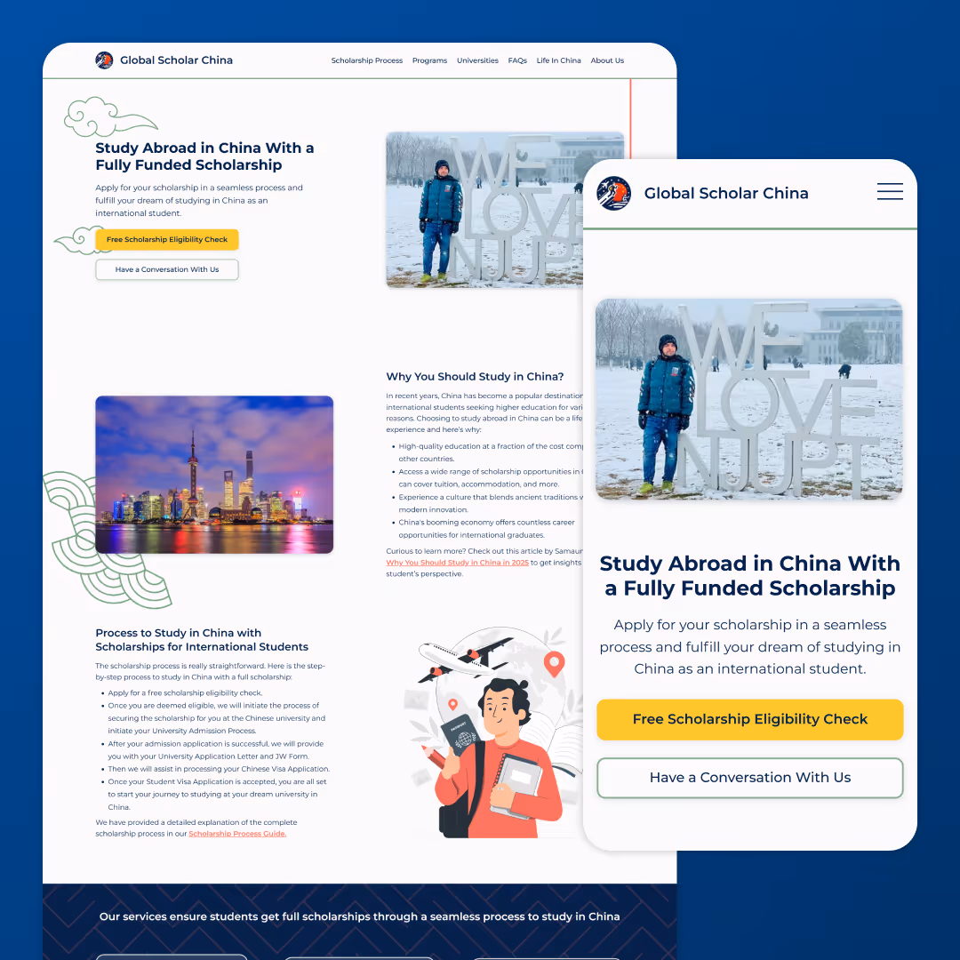 Website design for Global Scholar China an online education business, showcasing client projects by Mabit Web Studio. 