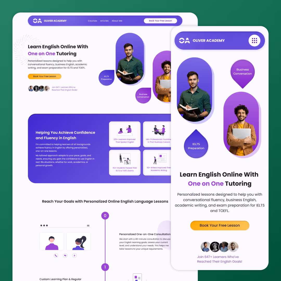 Website design for Oliver Academy a online English tutoring website built as a template for Online Language Tutors, showcasing projects by Mabit Web Studio. 