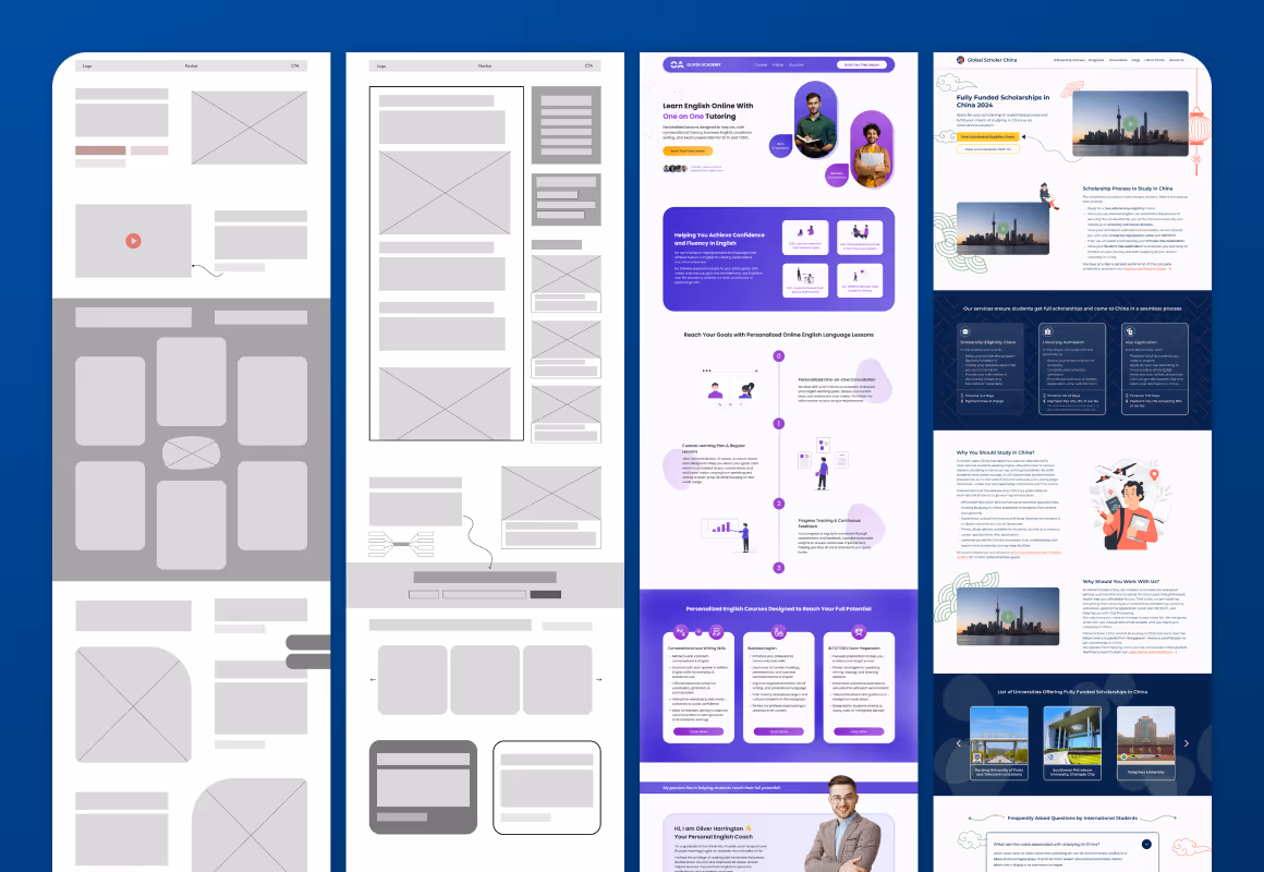 Website Wireframes and UI Designs for online education businesses, highlighting Wireframe, UI & UX Design services provided by Mabit Web Studio. 