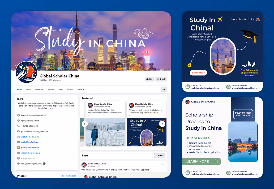 Social media strategy and branding for an online education business, highlighting Social media strategy and branding services provided by Mabit Web Studio.