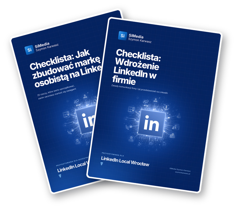 Okładki dwóch checklist LinkedIn: wdrożenie w firmie i budowa marki osobistej