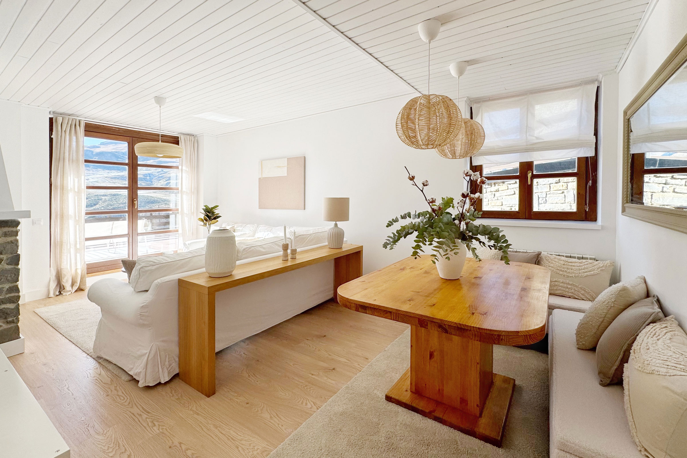 Living room with large angled window