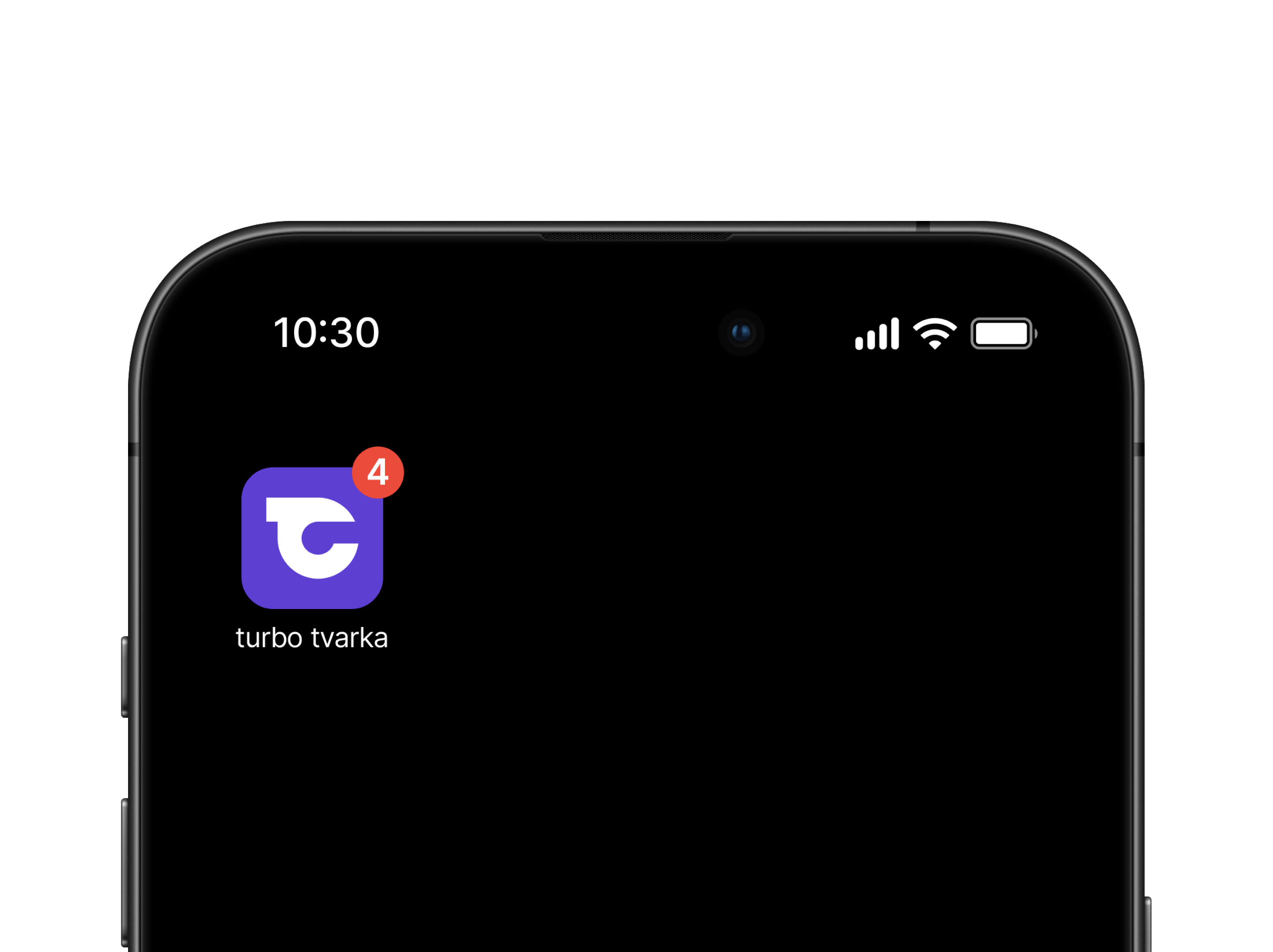 Top corner of a smartphone screen showing the Turbo Tvarka app icon with a notification badge of 4 messages, time 10:30, and status icons for cellular, Wi-Fi, and battery.