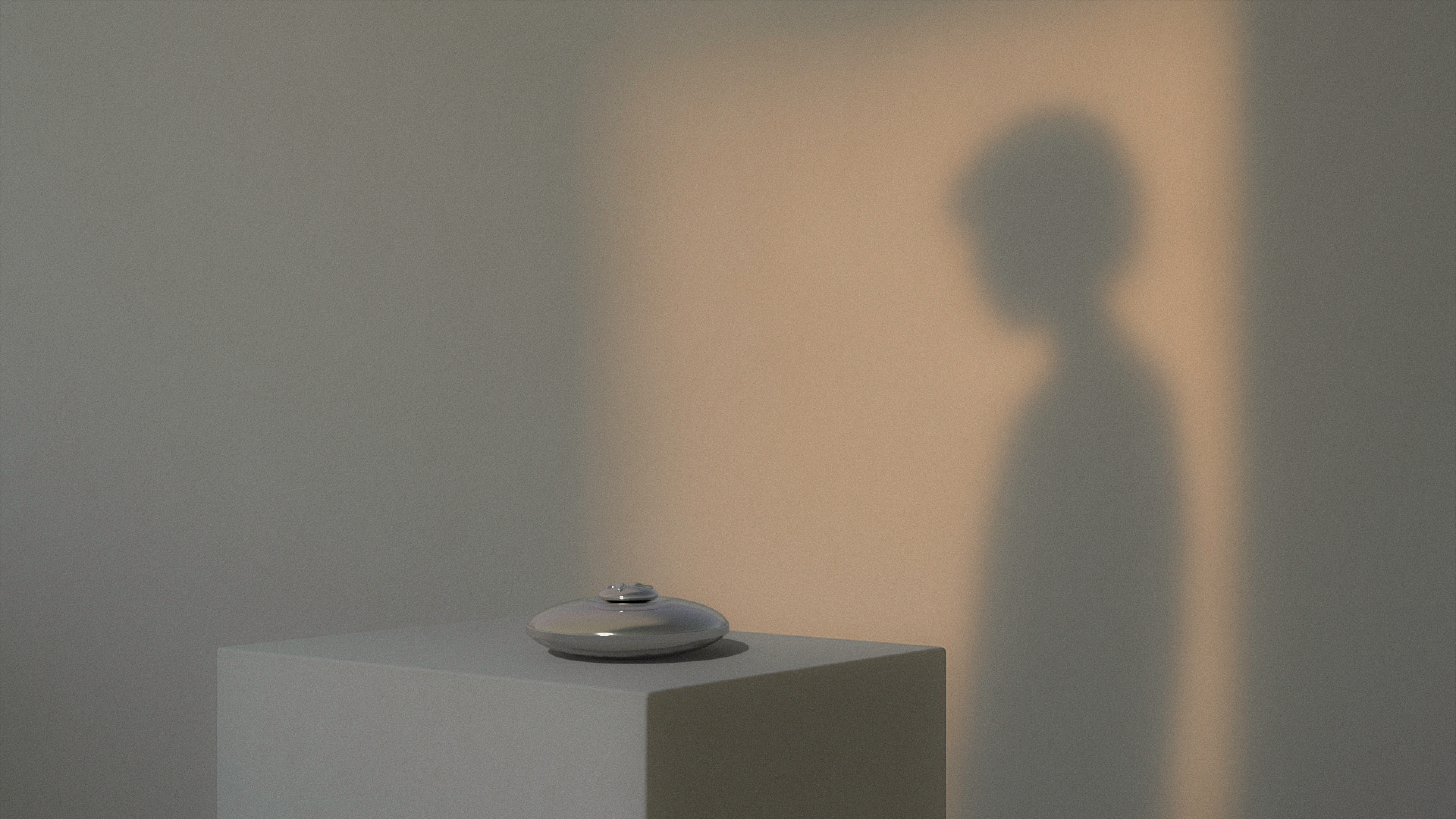 Shadow of a person cast on a wall beside a pedestal with a small round ceramic object on it.