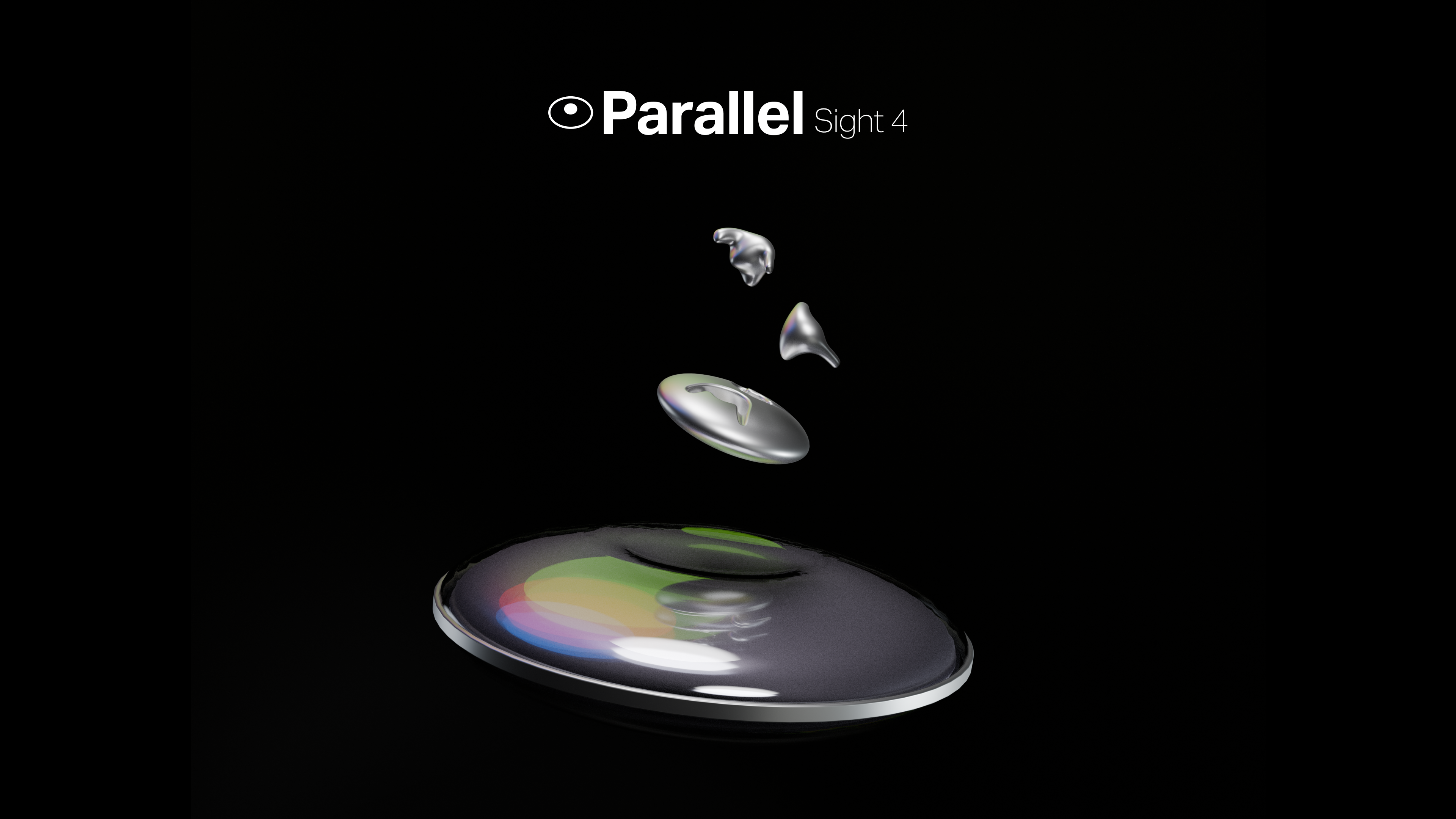 Parallel Sight 4 logo above a futuristic, shiny, rounded device with three small floating metallic components above it on a black background.