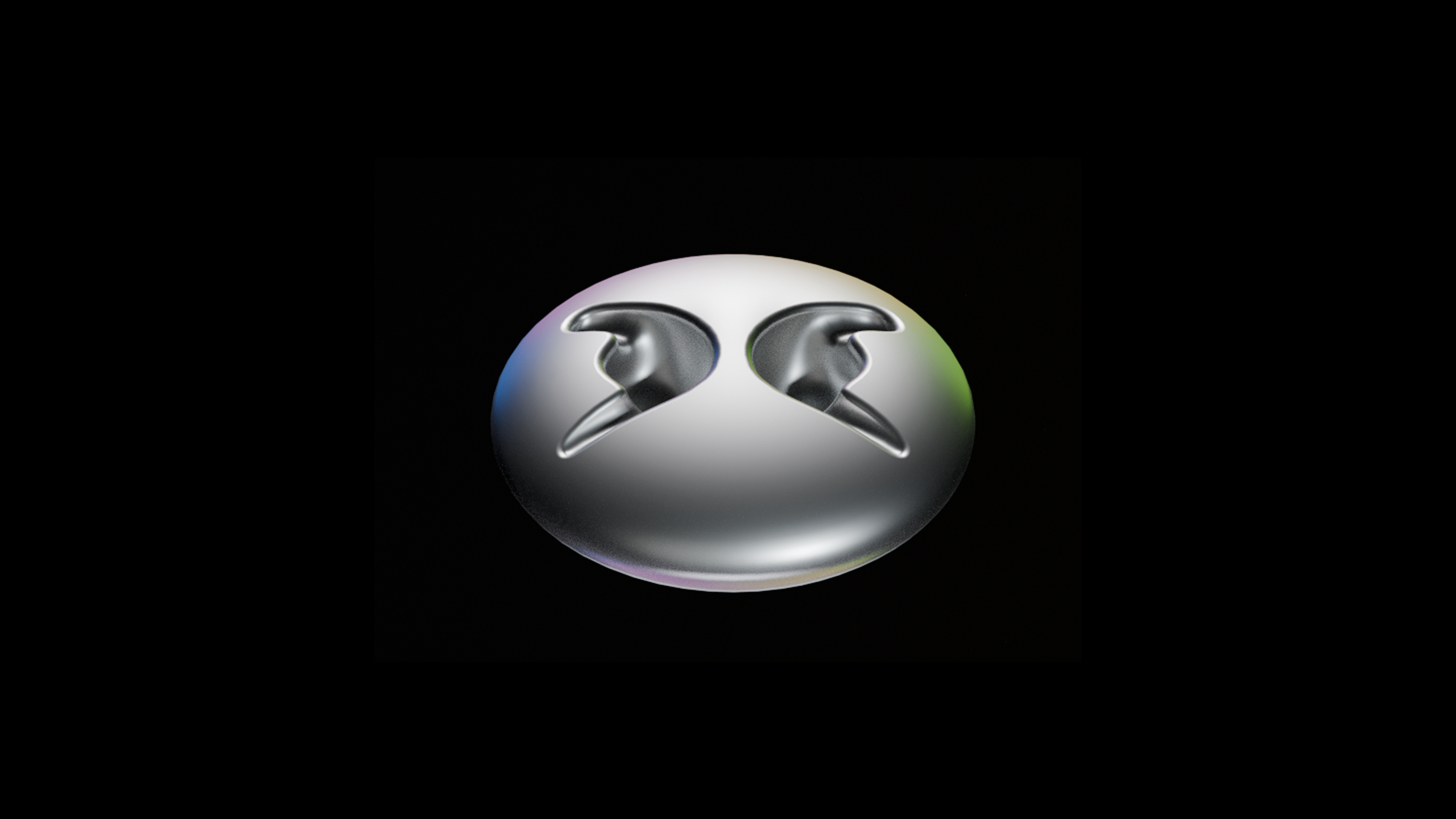 Silver circular object with two bird-shaped indentations on a black background.