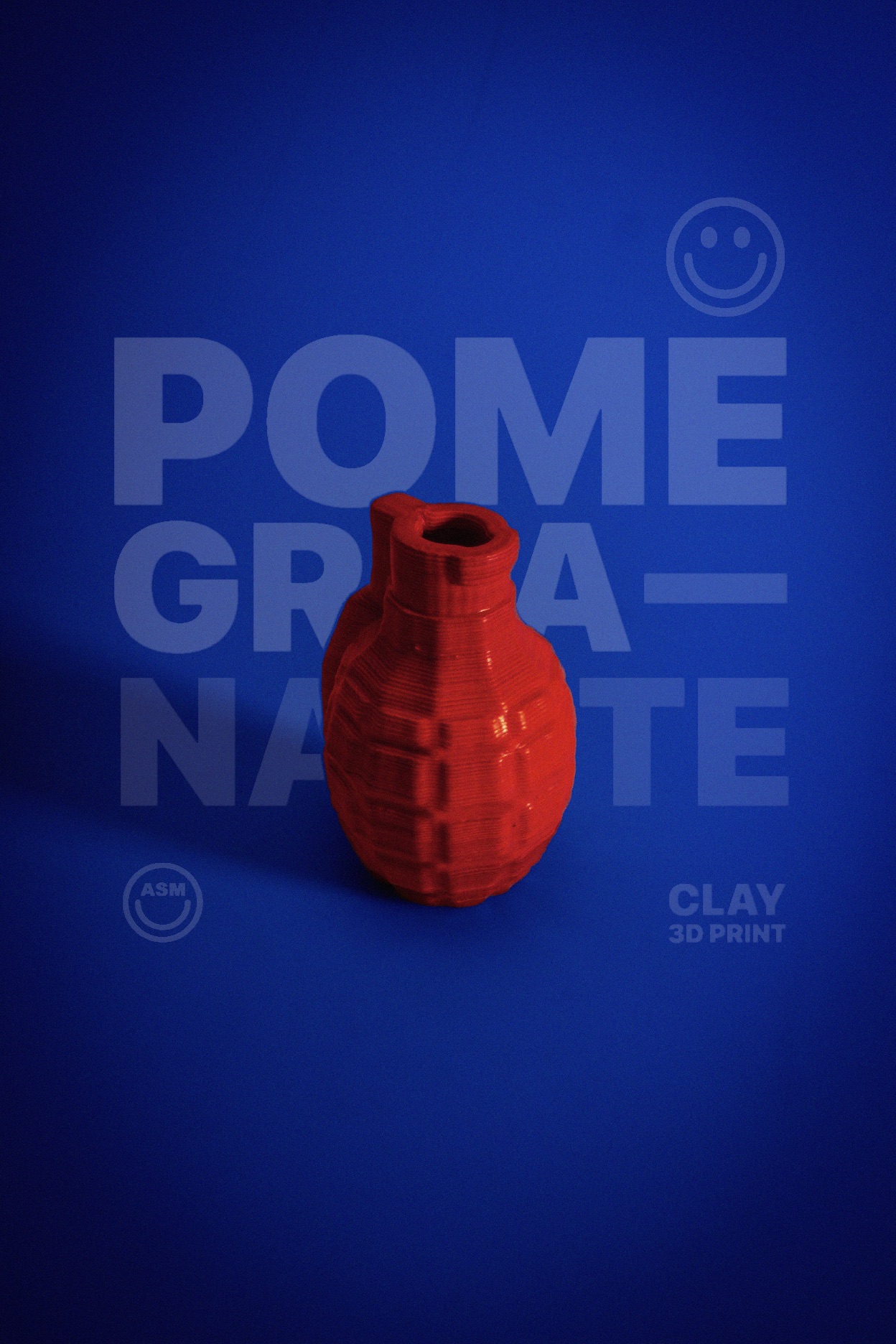 Red 3D-printed clay model of a grenade on a blue background with faint text reading 'Pomegranate' and 'Clay 3D Print'.