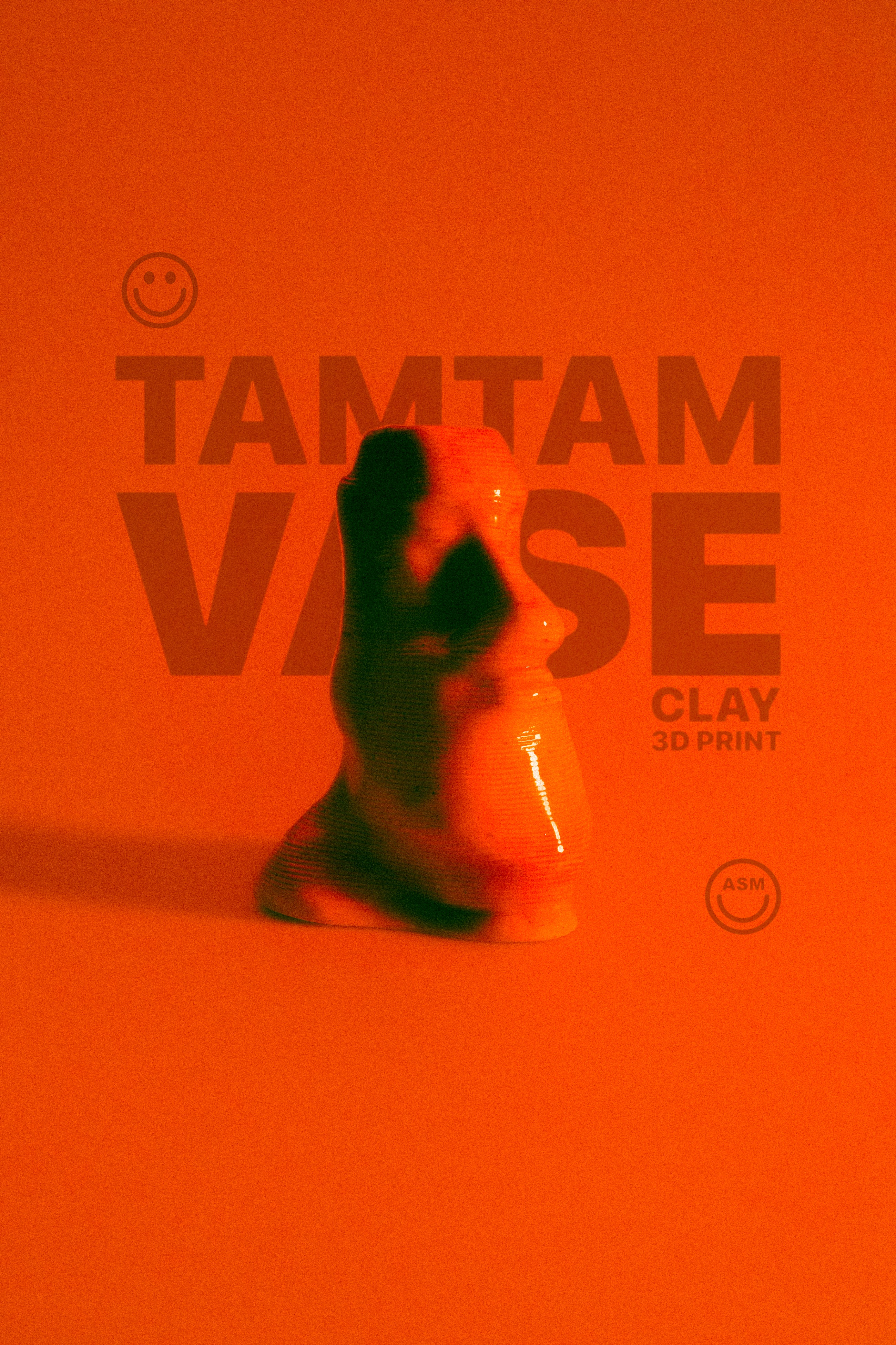 Orange 3D printed clay vase shaped like a stylized human face against an orange background with the text 'TAMTAM VASE CLAY 3D PRINT'.