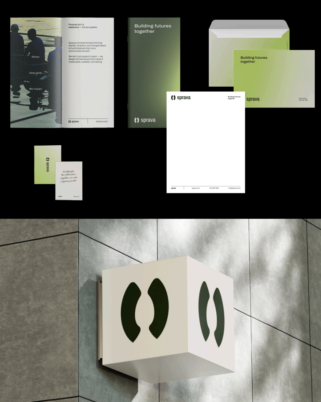 Sprava brand identity, stationery and signage