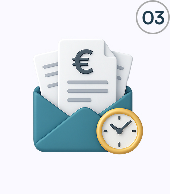 Icône d’enveloppe avec documents et horloge, représentant la réception rapide de devis