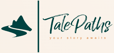 Logo with stylized mountain and river graphic next to the text 'TalePaths your story awaits'.