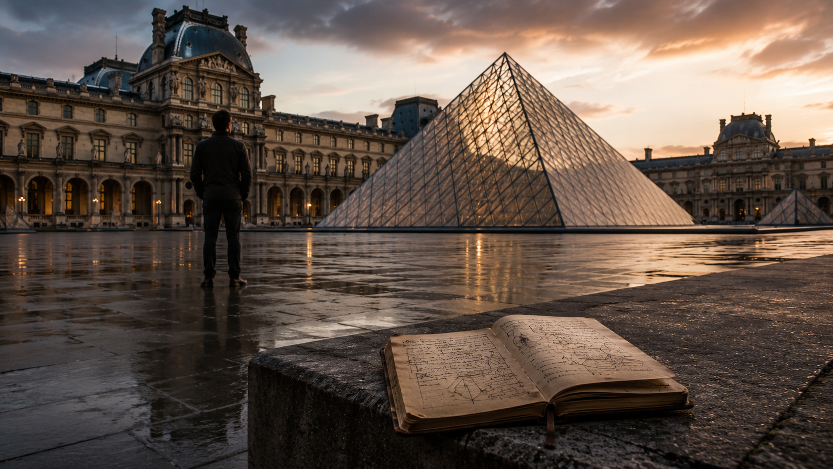 Early morning view of the Louvre pyramid with quiet Parisian streets and a sense of intrigue