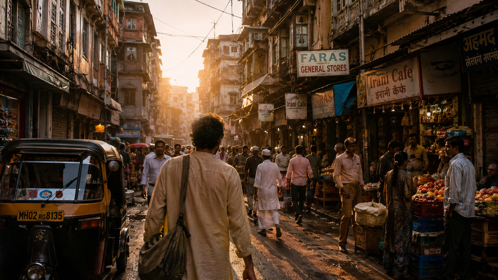 Mumbai’s bustling streets blending into Goa’s tranquil coast, inspired by Shantaram’s journey
