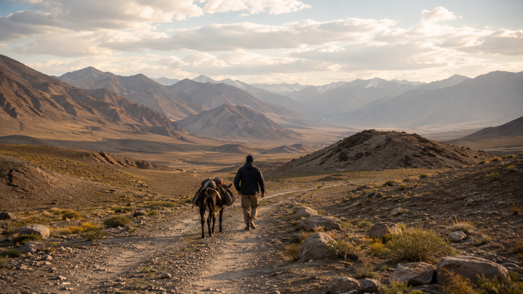 Silk Road travelers walking across Central Asian steppe with distant domes and caravan traces
