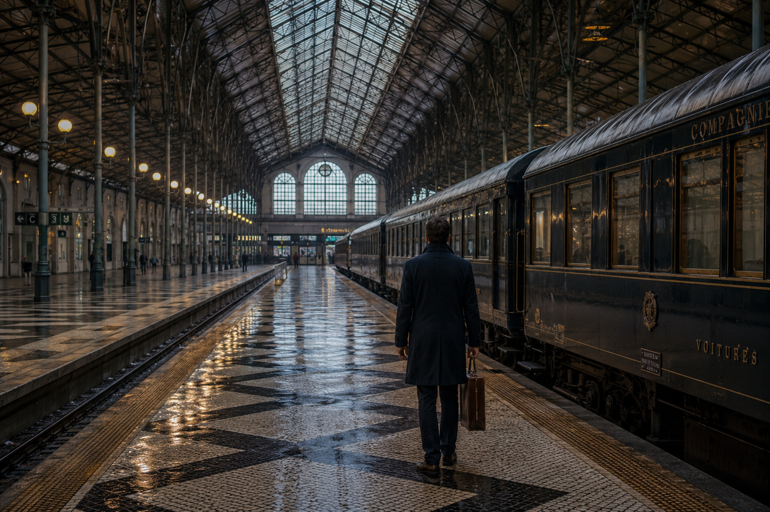A cinematic still of Lisbon’s historic Rossio train station at dawn.