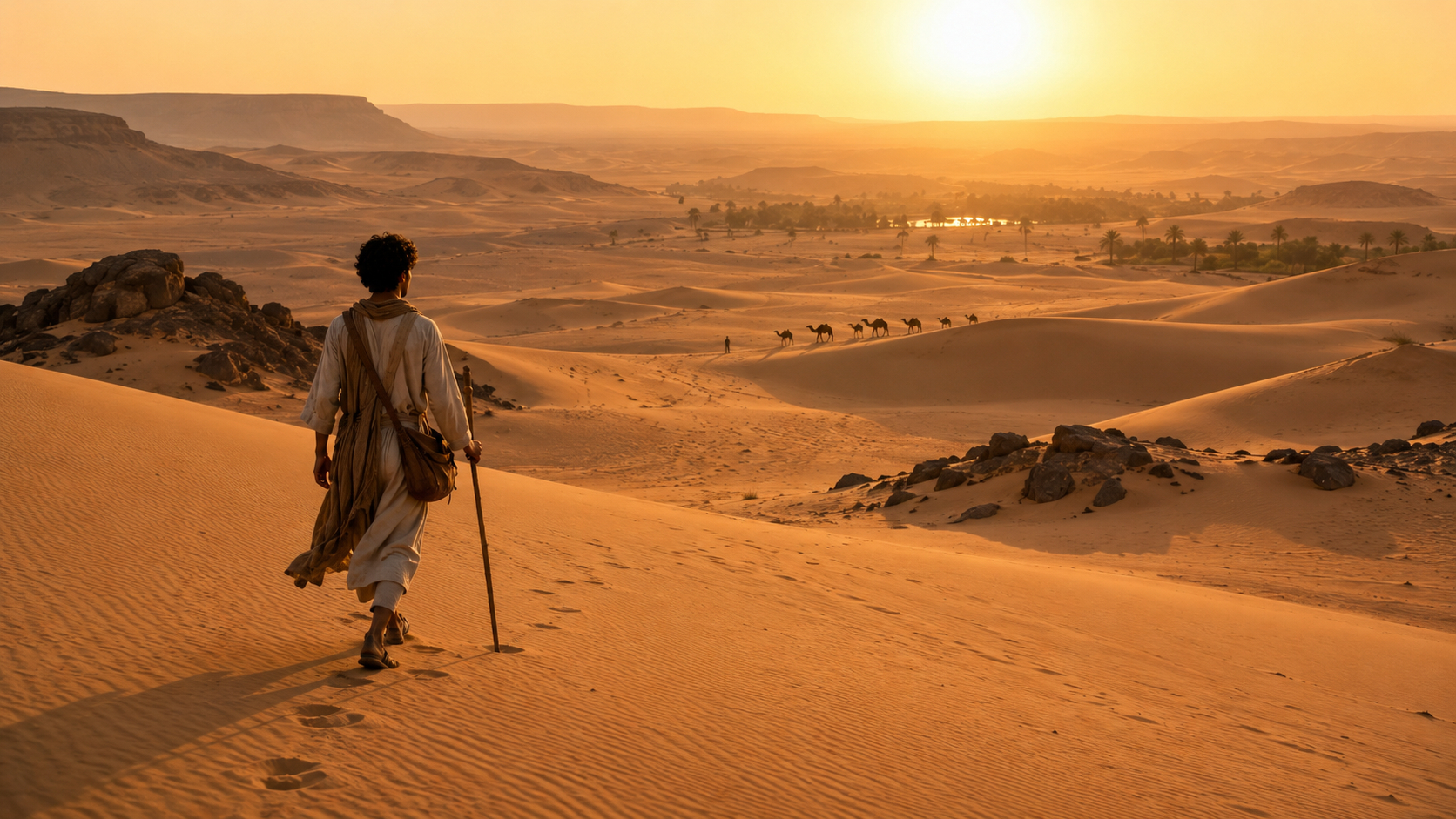 Sunrise over the dunes of the Sahara Desert with a silhouette of a lone traveler and camel caravan.