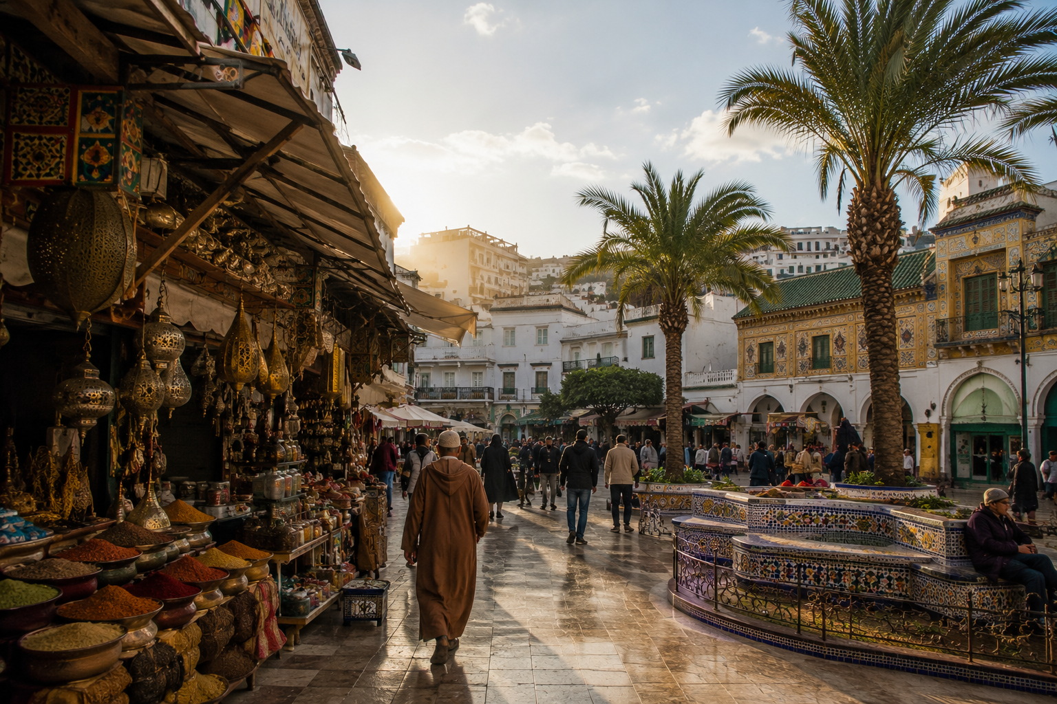 angier's medina during October. The scene captures the vibrant Plaza San Martín in soft morning light, with traditional Moroccan architecture featuring intricate tile work. Natural lighting highlights the warm colors of the market stalls filled with spices
