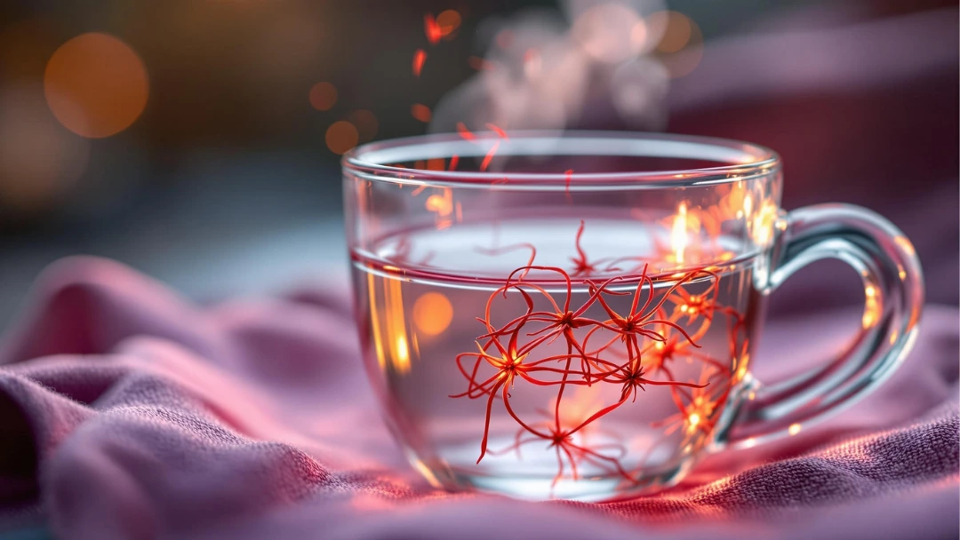 Tisane au safran dans une tasse en verre fumant, posée sur un tissu violet doux — boisson apaisante idéale pour favoriser le sommeil naturellement le soir.