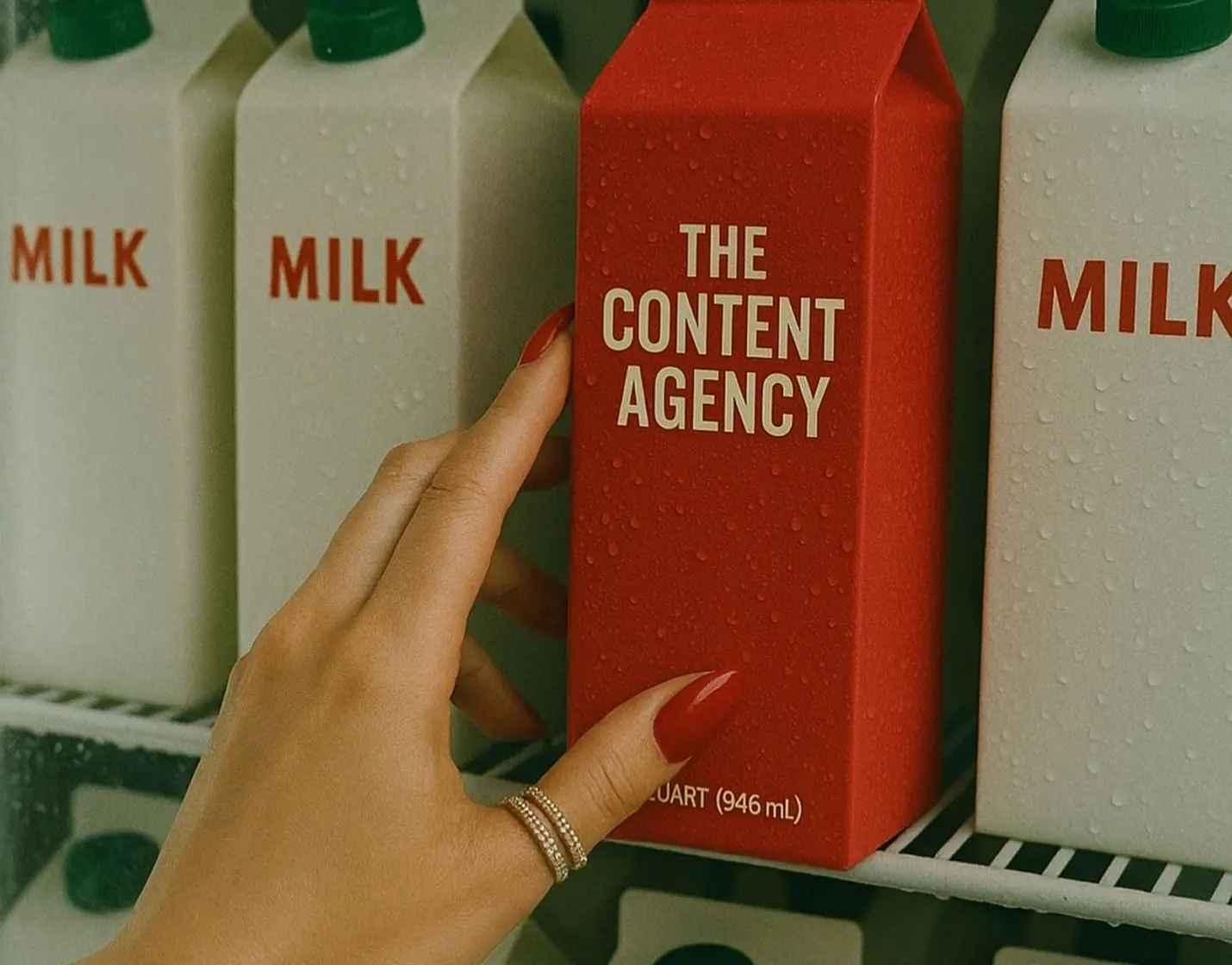 A well manicured female hand reaching for a red box with the text "The content agency".