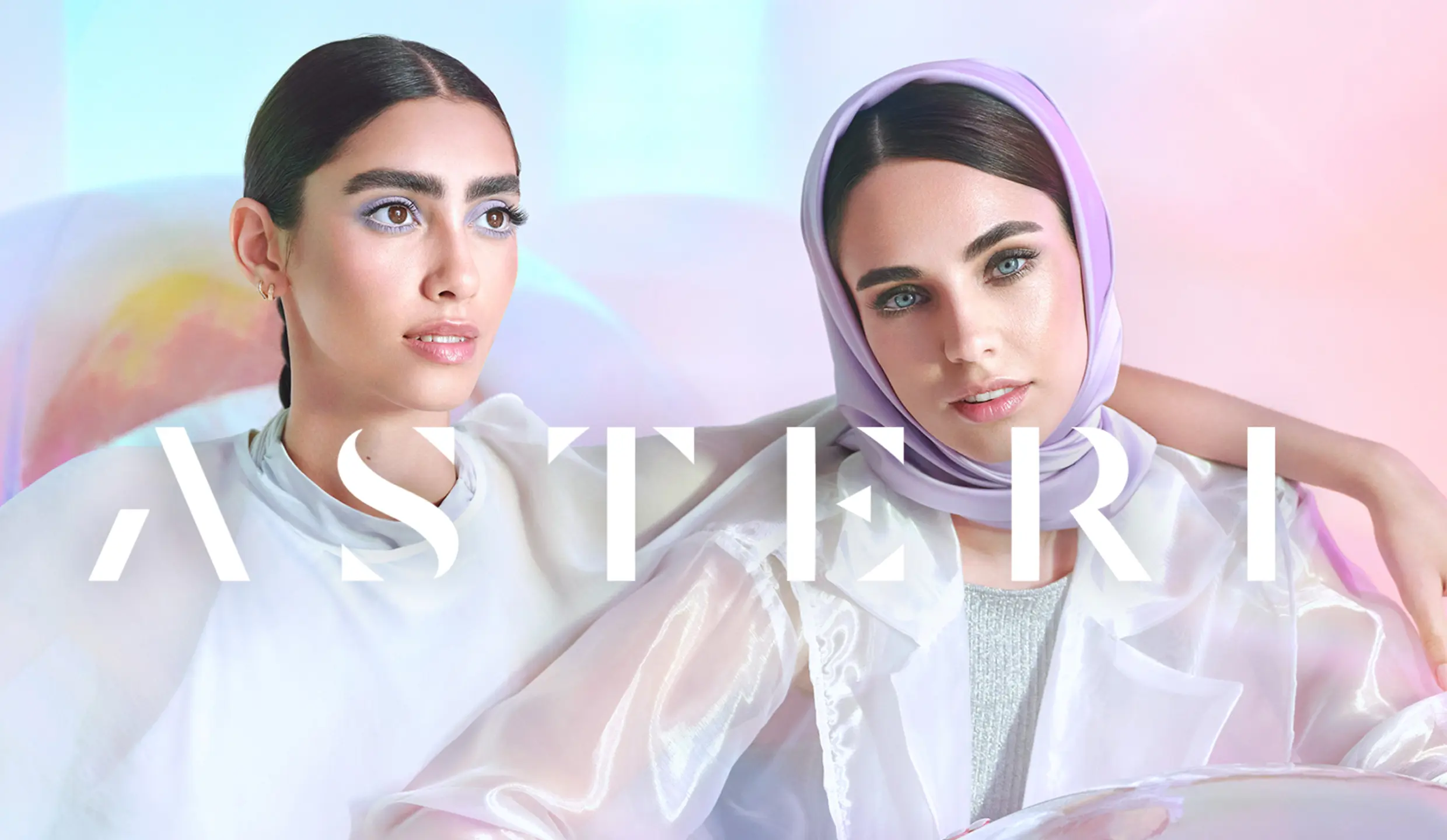 Asteri logo. Two female models are sitting next to each other in the background.
