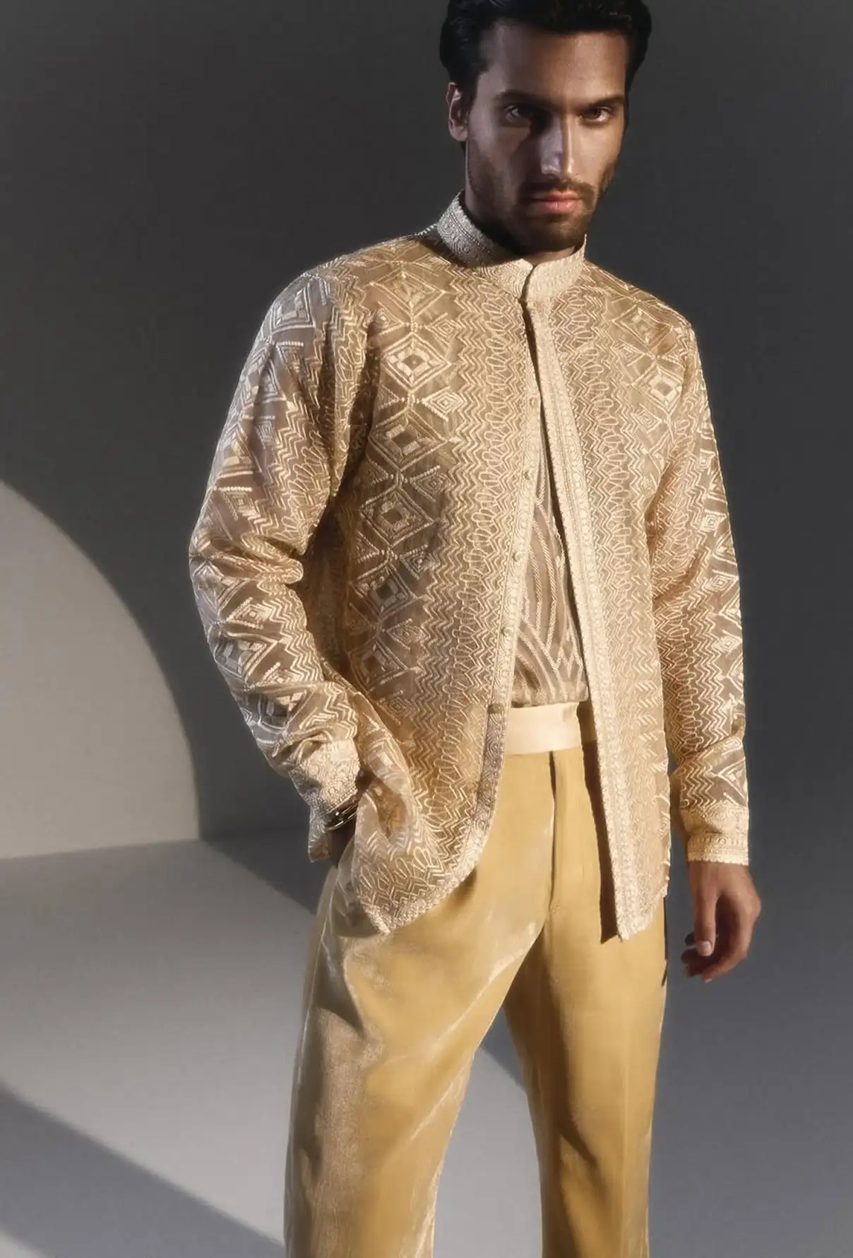 Male model, wearing fashionable clothes from Faraz Manan.