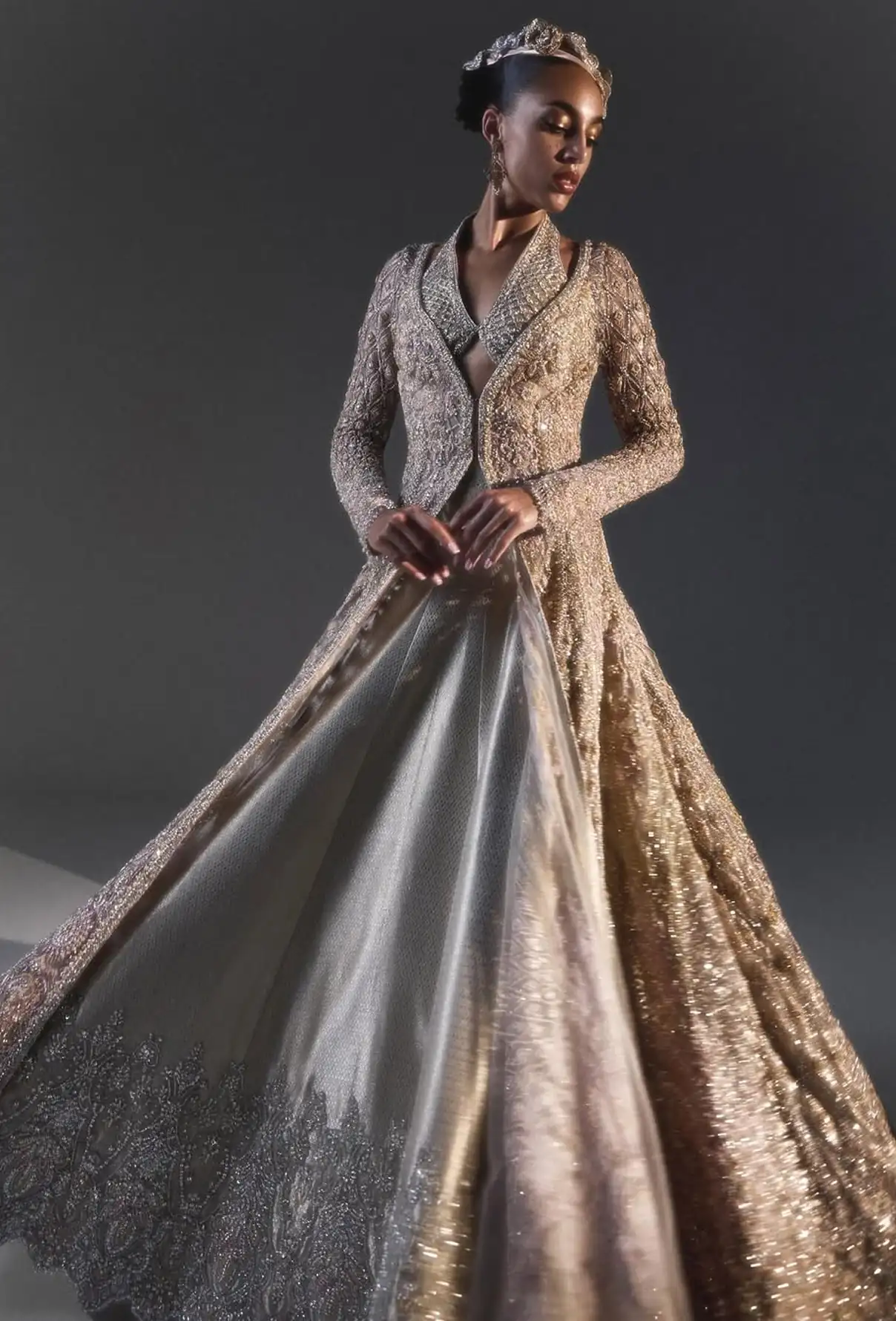 Female model, wearing fashionable clothes from Faraz Manan.