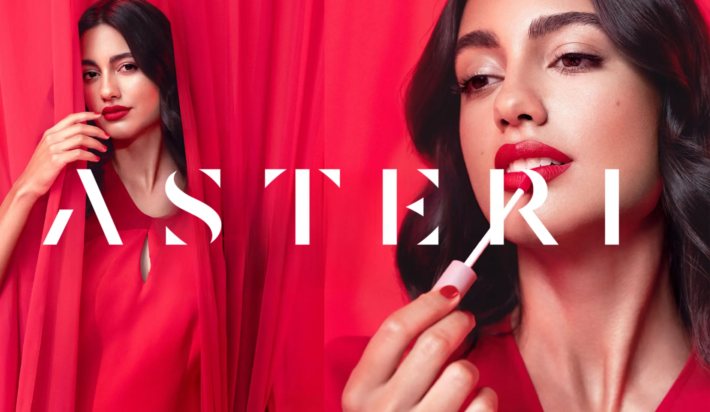 Asteri logo. Behind it a woman is applying lipstick.