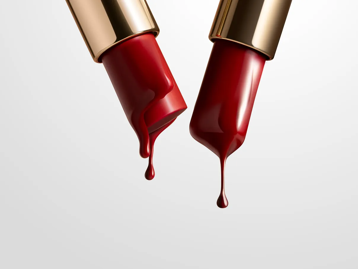 Two lipstick tubes, with red lipstick dripping.